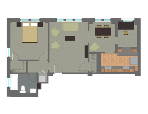 Floor plan for 1 bed, 1 bath, 805 sqft